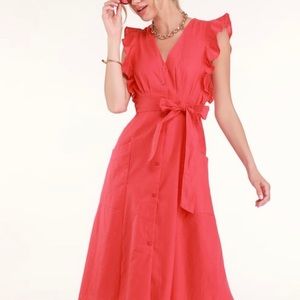 Lulus coral red button up midi dress NWT